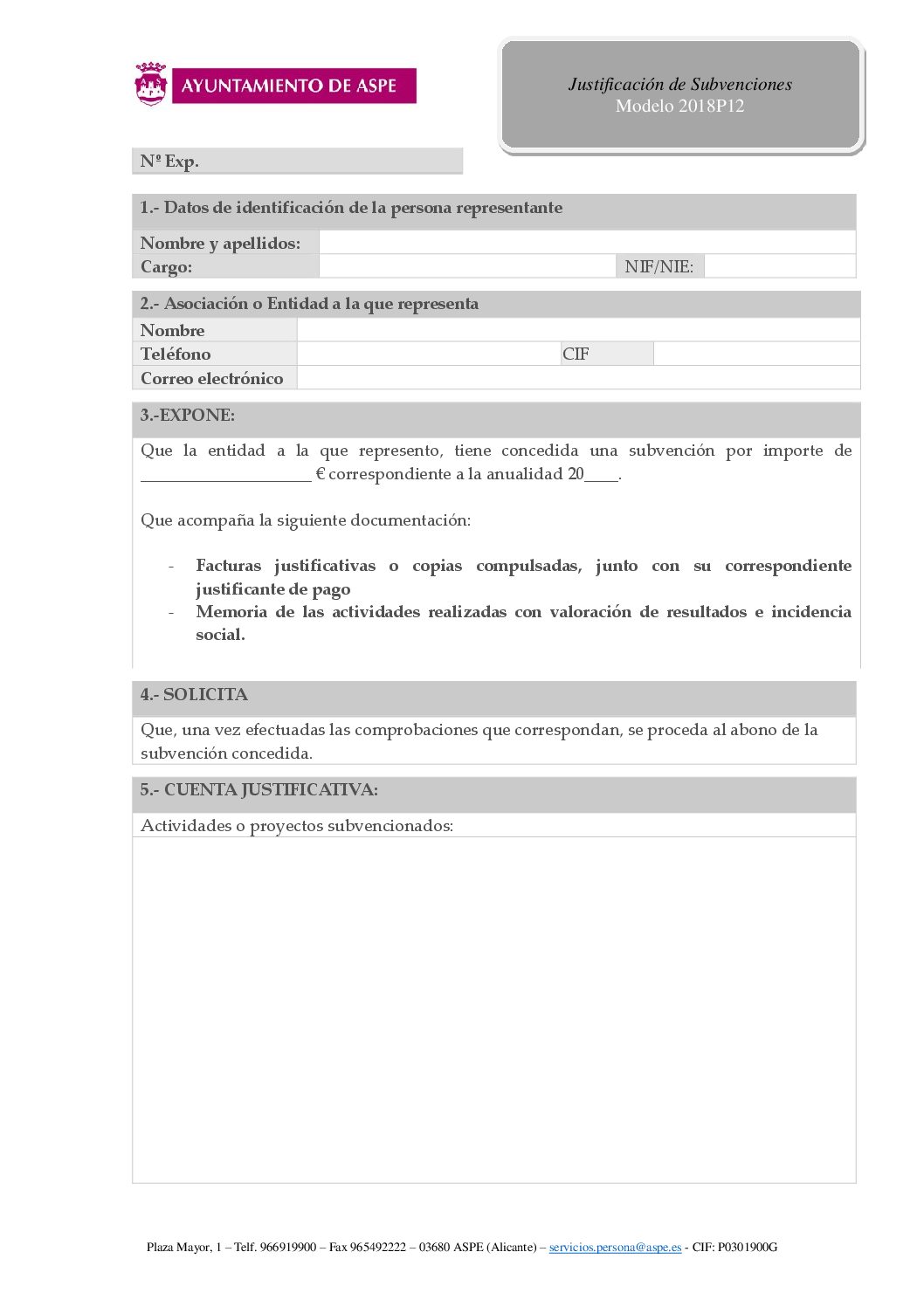 2018P12 SOLICITUD JUSTIFICACIÓN SUBVENCIONES – Ayuntamiento de Aspe