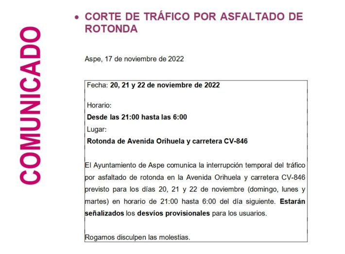 57. – Comunicado. Corte de trafico 201122